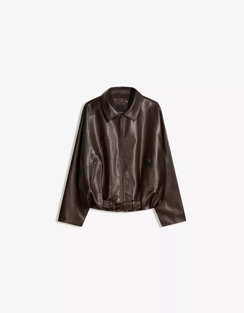 Belted leather effect bomber jacket