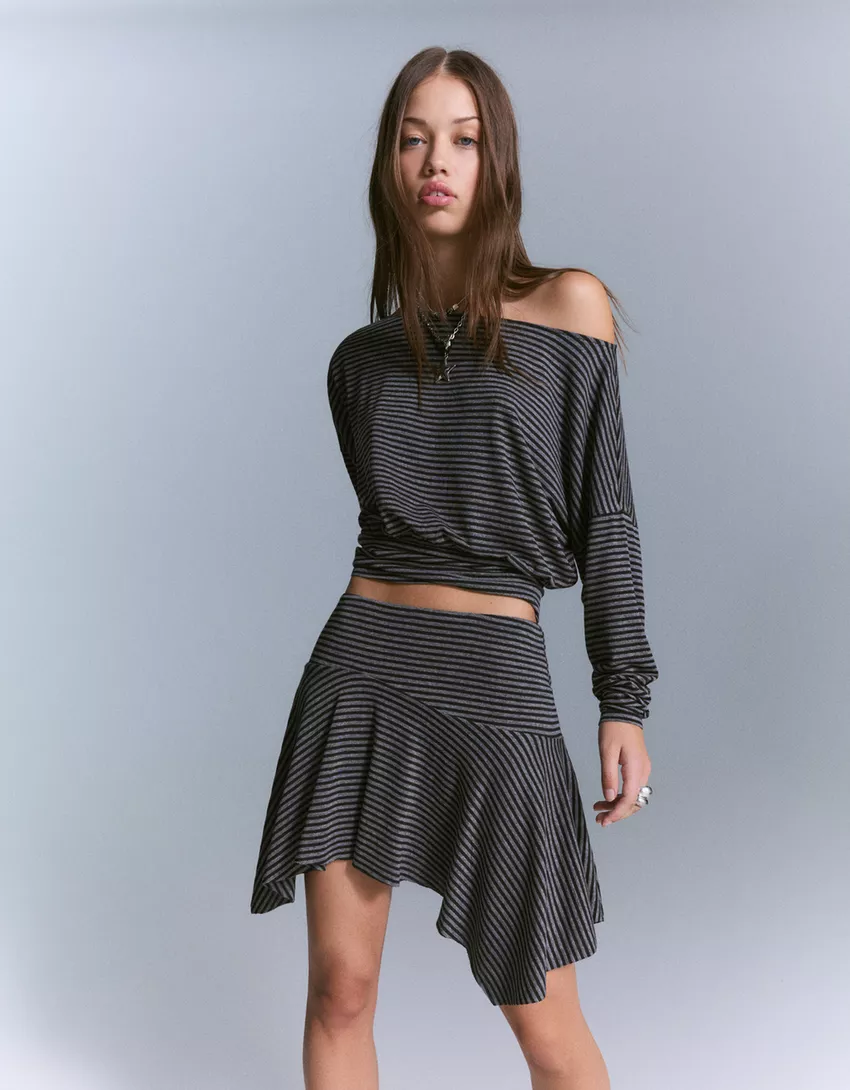 Striped asymmetric mini skirt