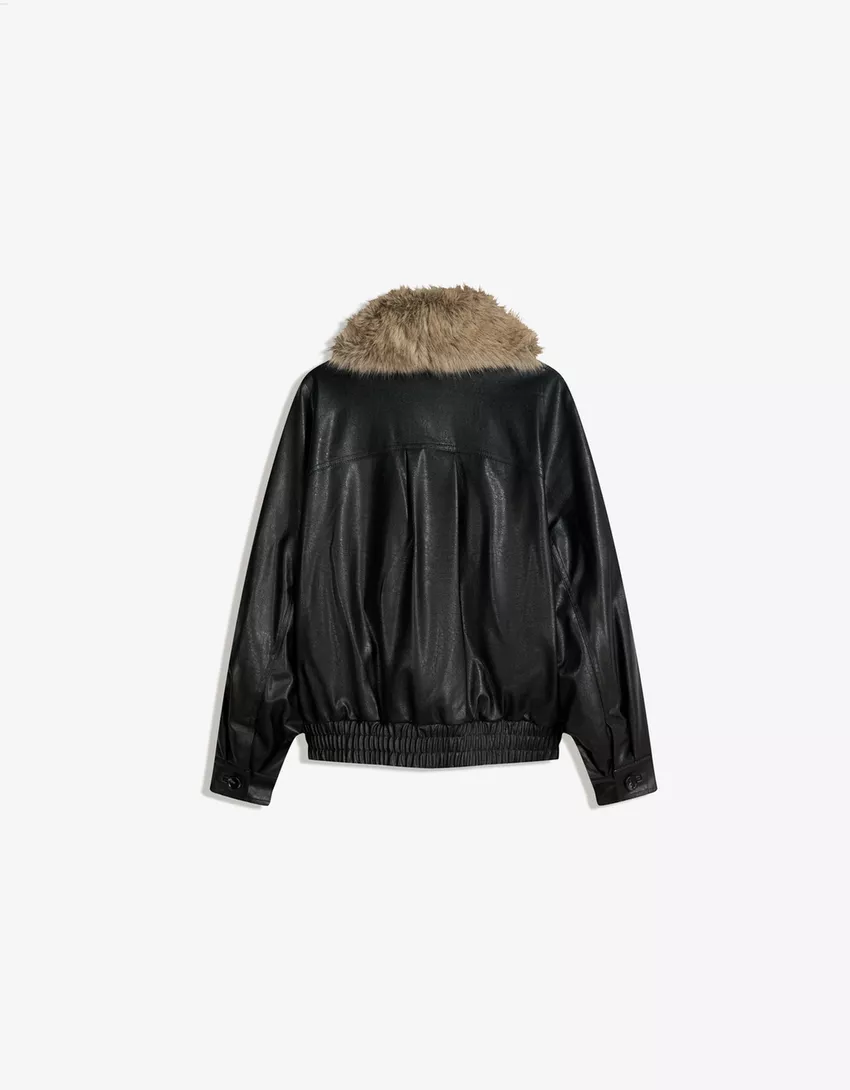 Leather effect jacket with faux fur collar