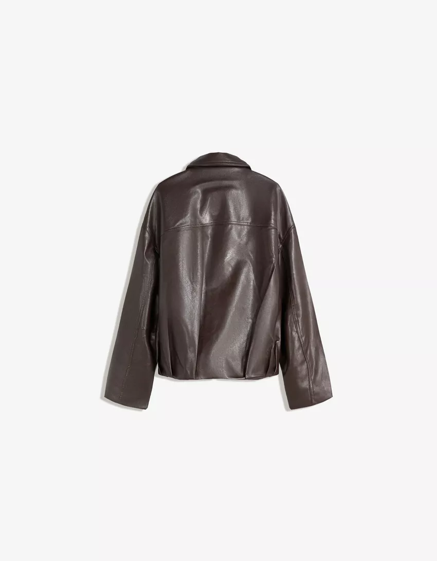 Belted leather effect bomber jacket