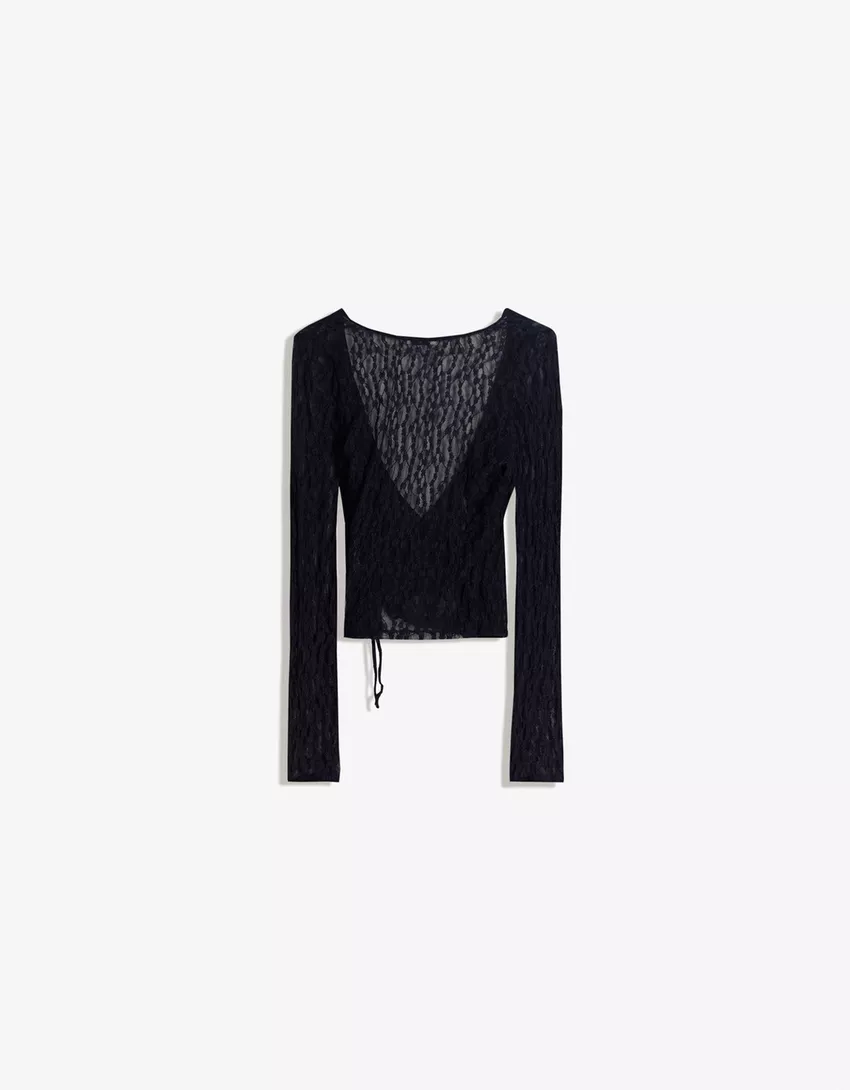 Long sleeve knotted blonde lace T-shirt