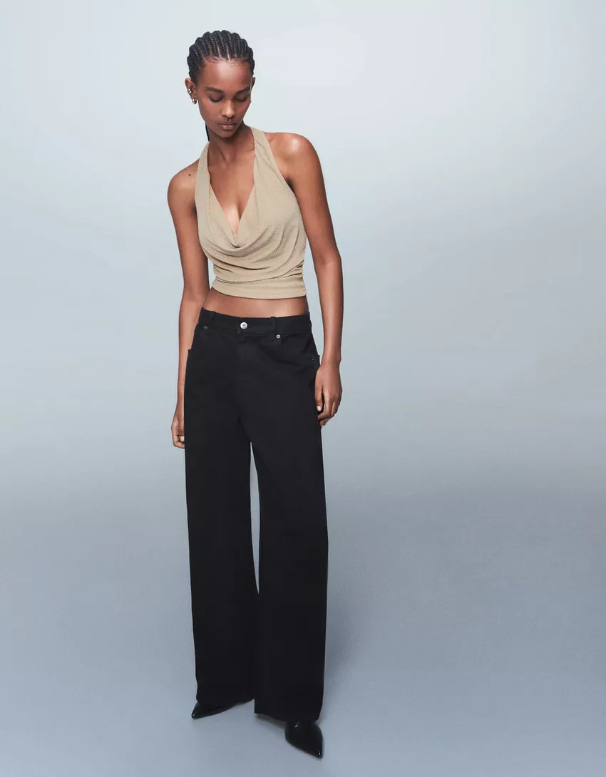 Shimmery draped cowl neck halter top
