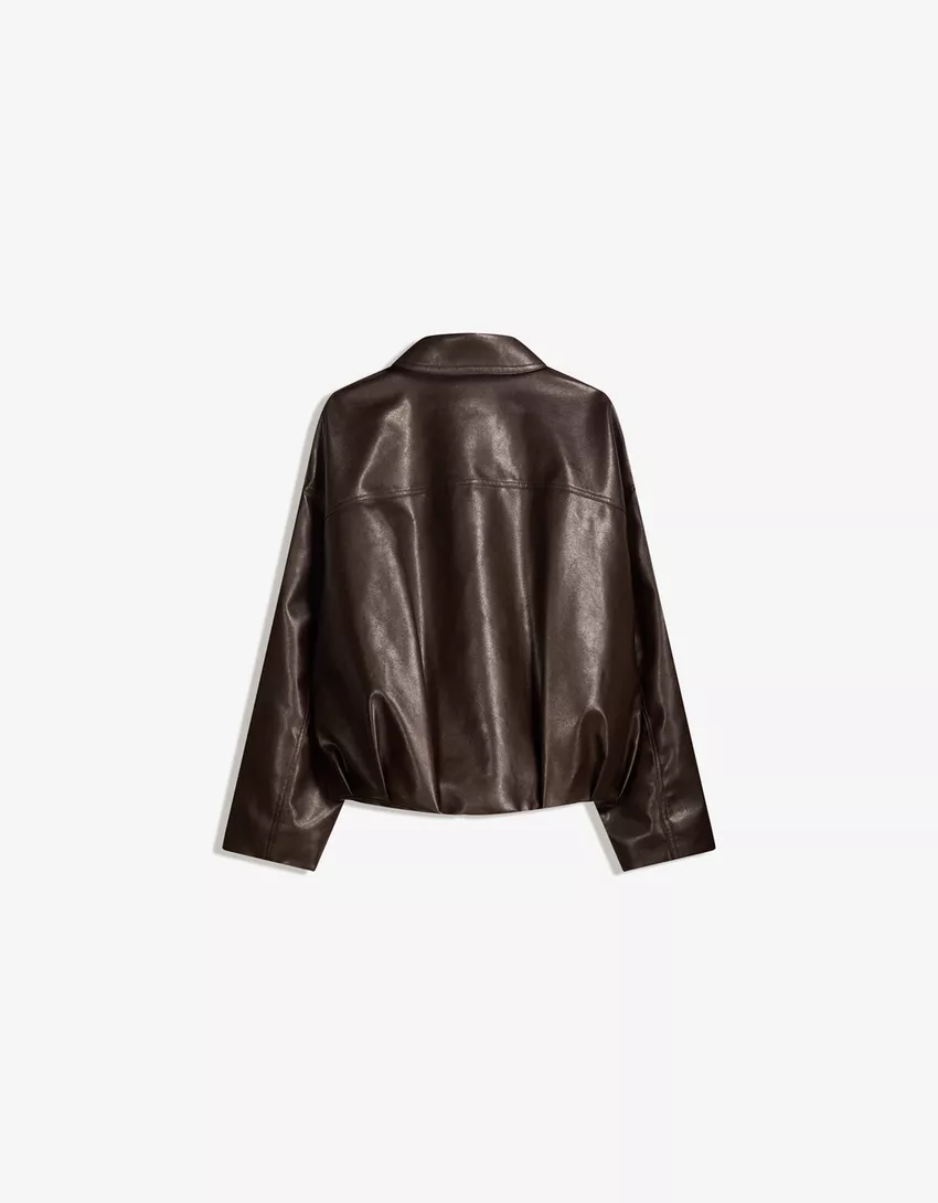 Belted leather effect bomber jacket