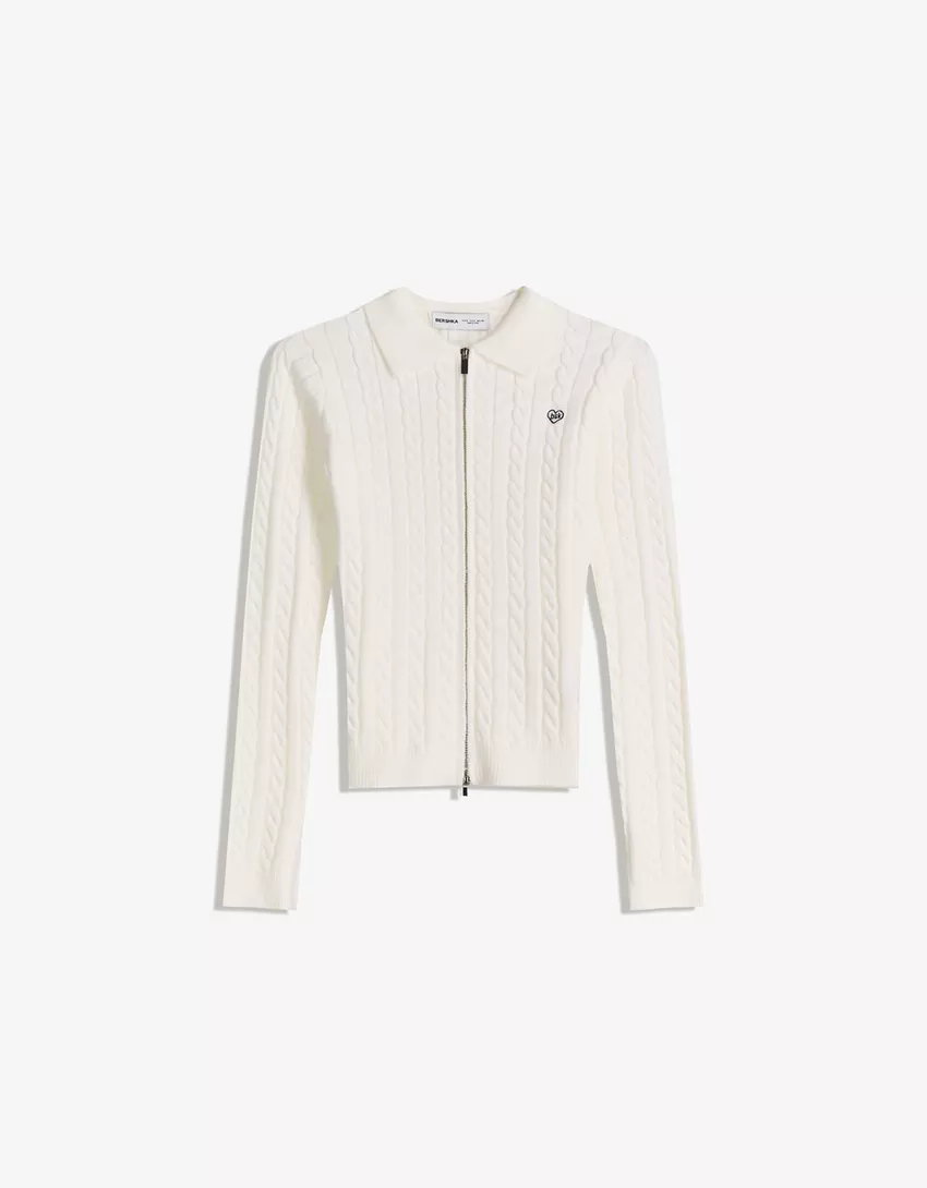 Cable-knit cardigan with a polo collar