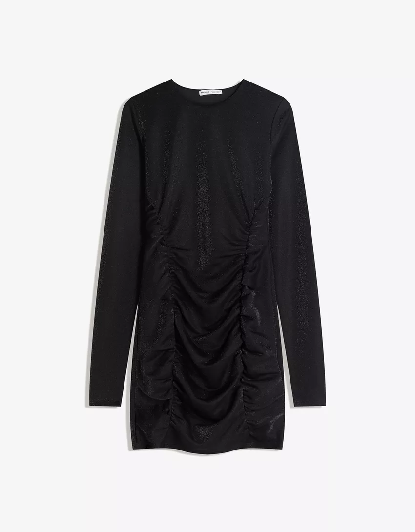 Gathered long sleeve shimmery mini dress