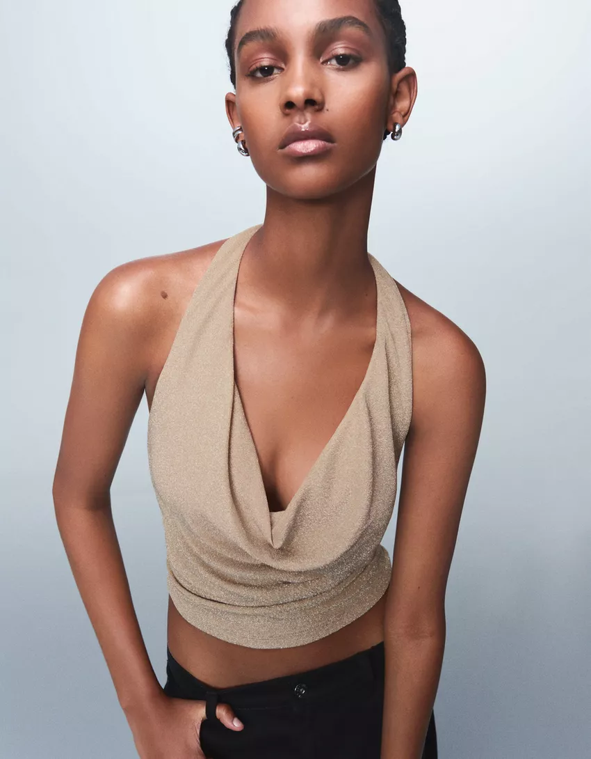 Shimmery draped cowl neck halter top