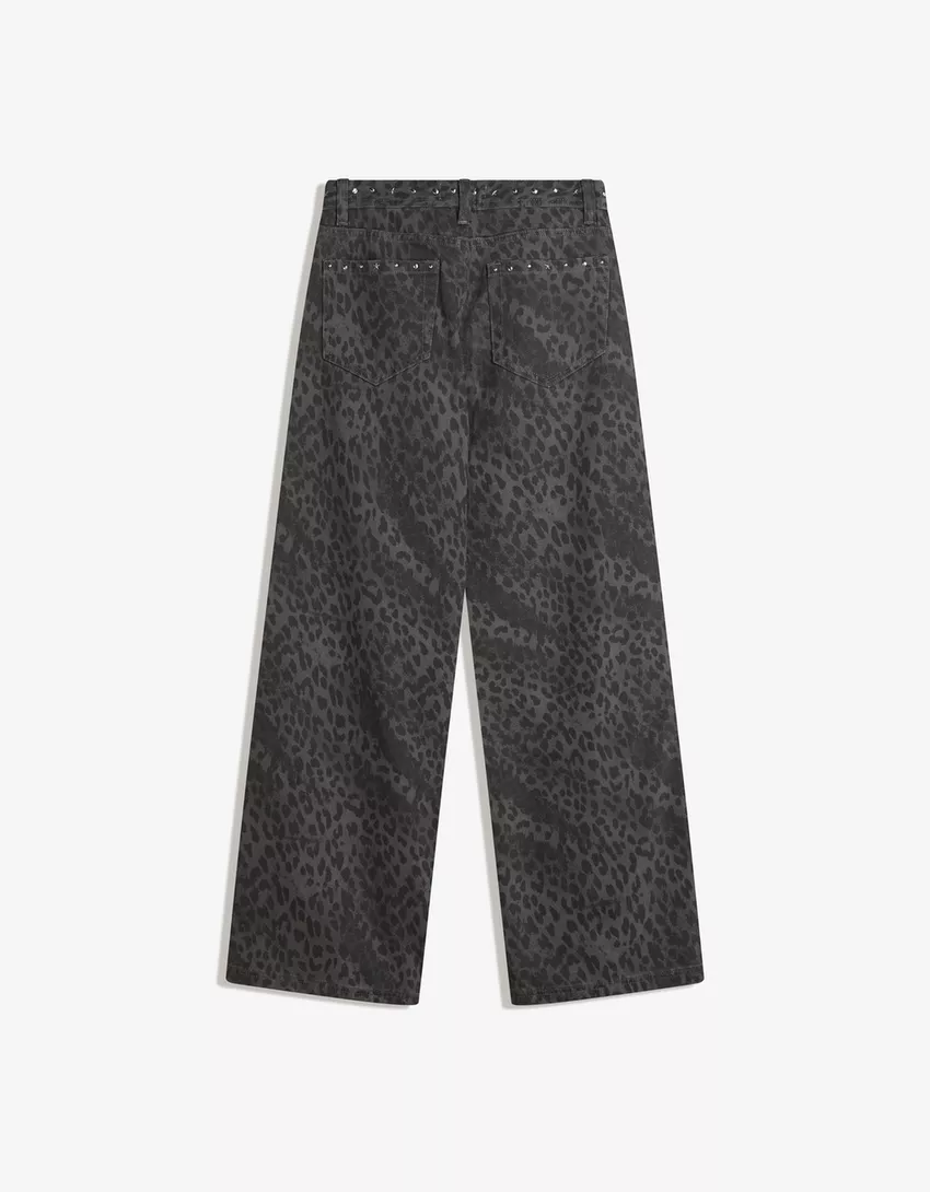 Animal print straight-leg studded pants