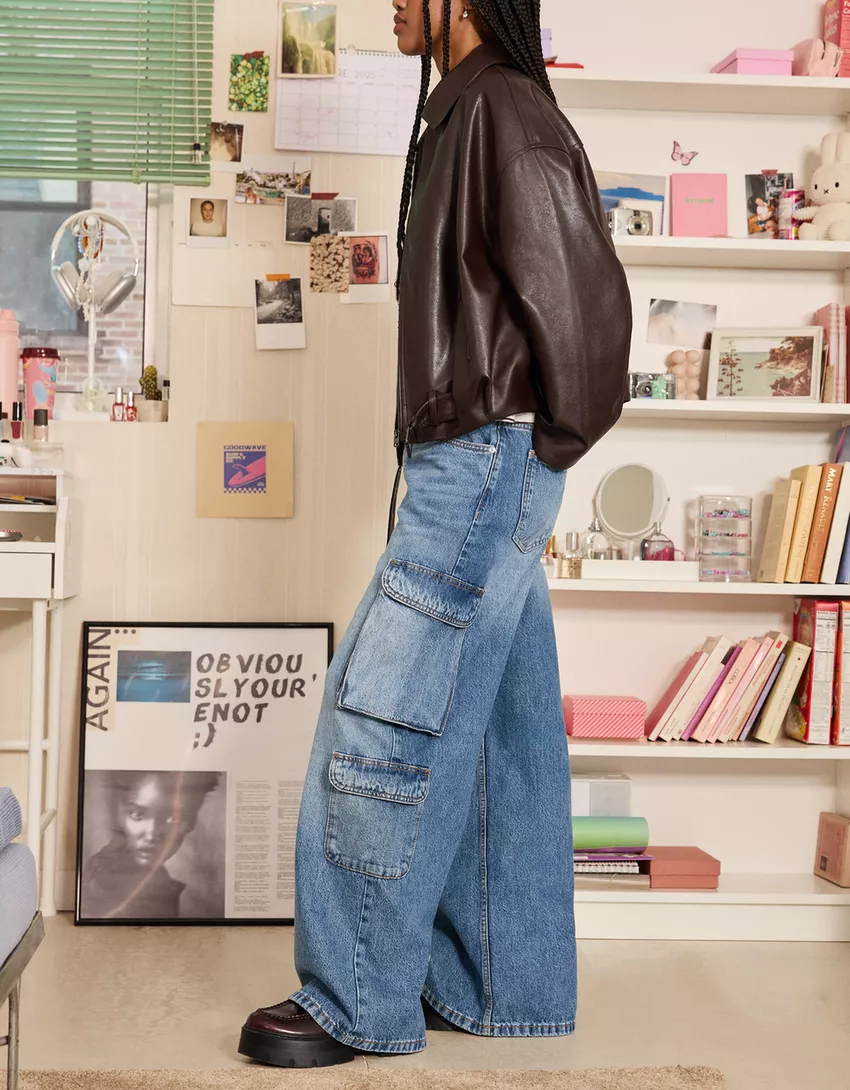 Belted leather effect bomber jacket