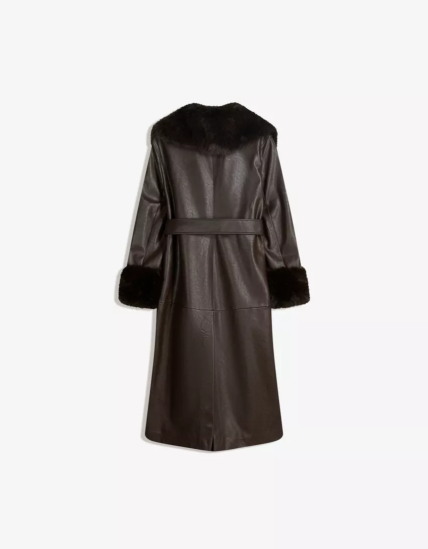 Contrast leather effect coat with faux fur