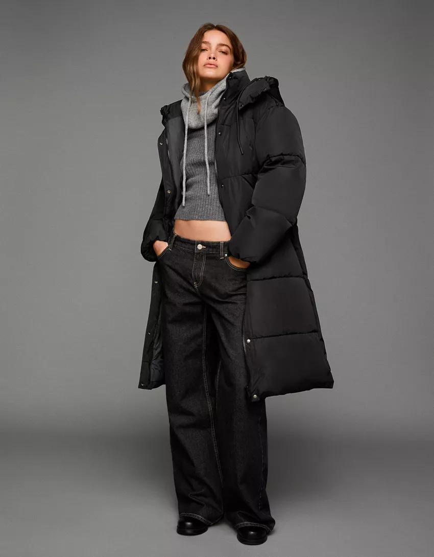 Long puffer coat with hood