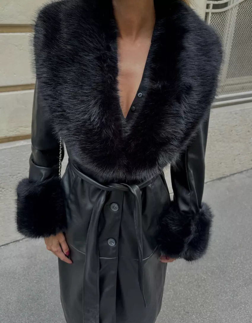 Contrast leather effect coat with faux fur