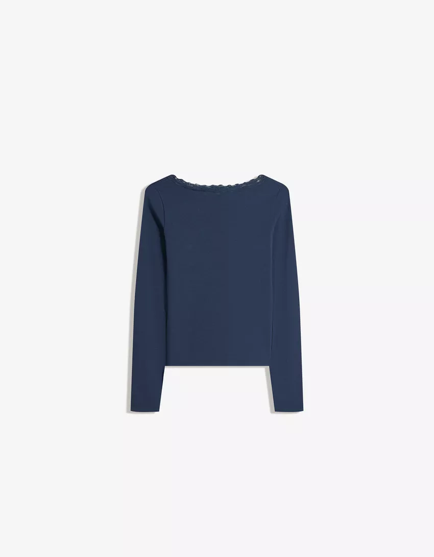 Long sleeve lace-trimmed T-shirt