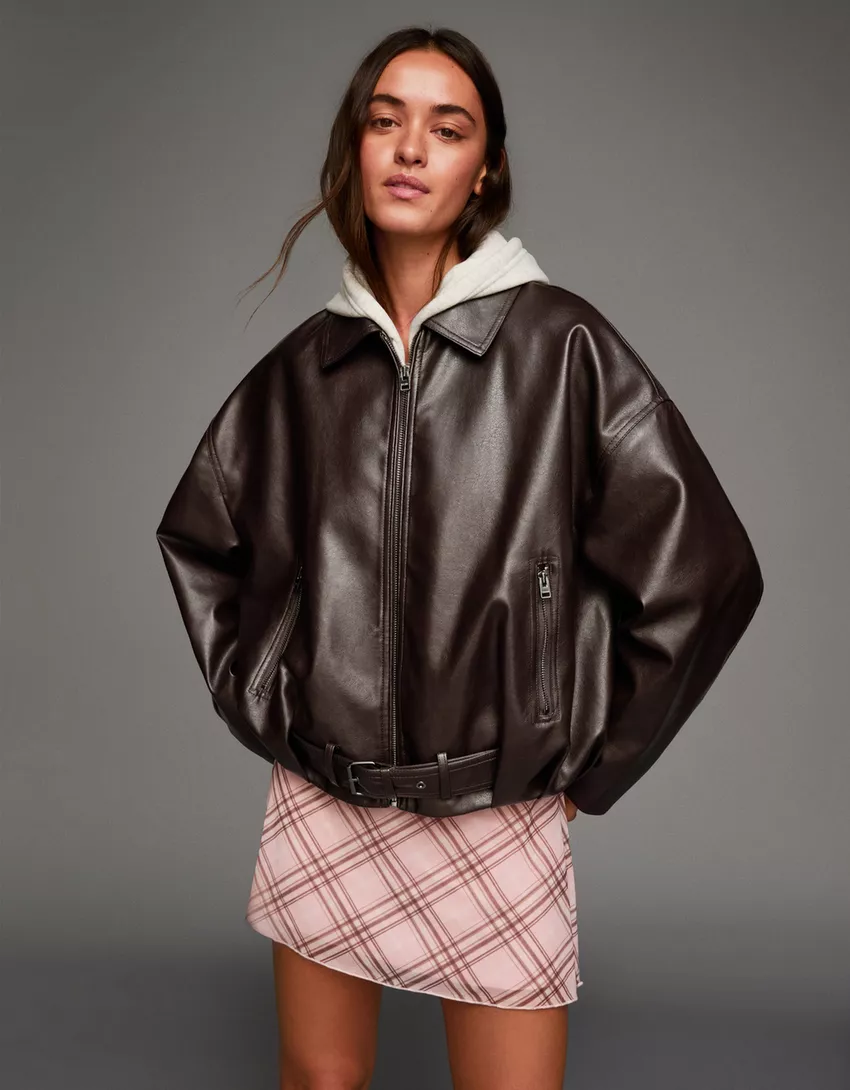 Belted leather effect bomber jacket