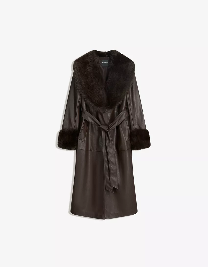 Contrast leather effect coat with faux fur