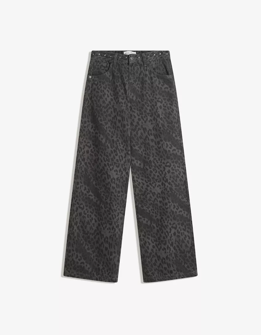 Animal print straight-leg studded pants