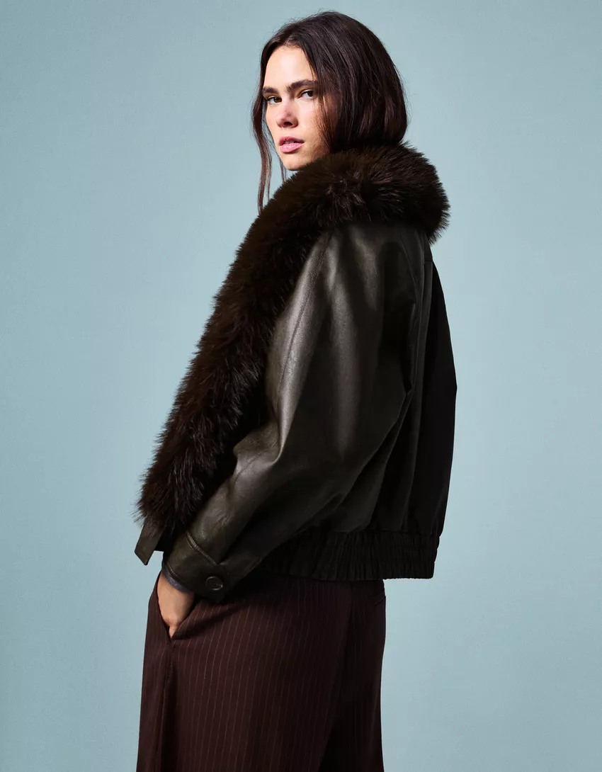 Leather effect jacket with faux fur collar