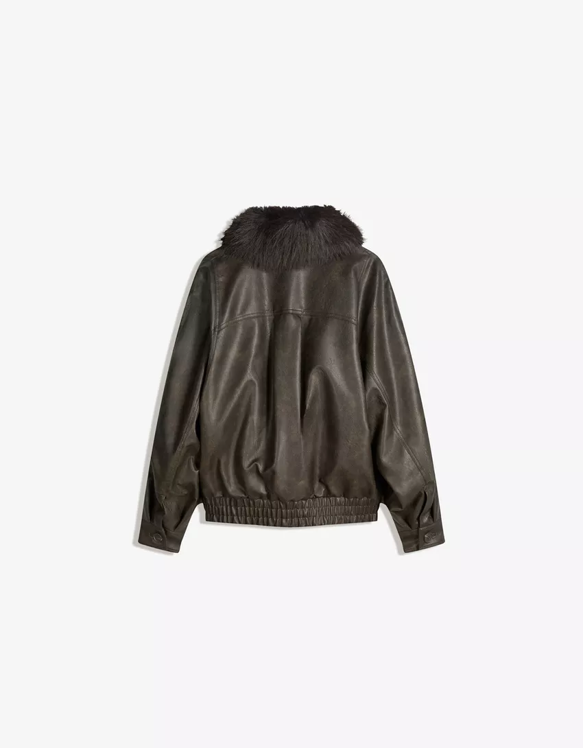 Leather effect jacket with faux fur collar