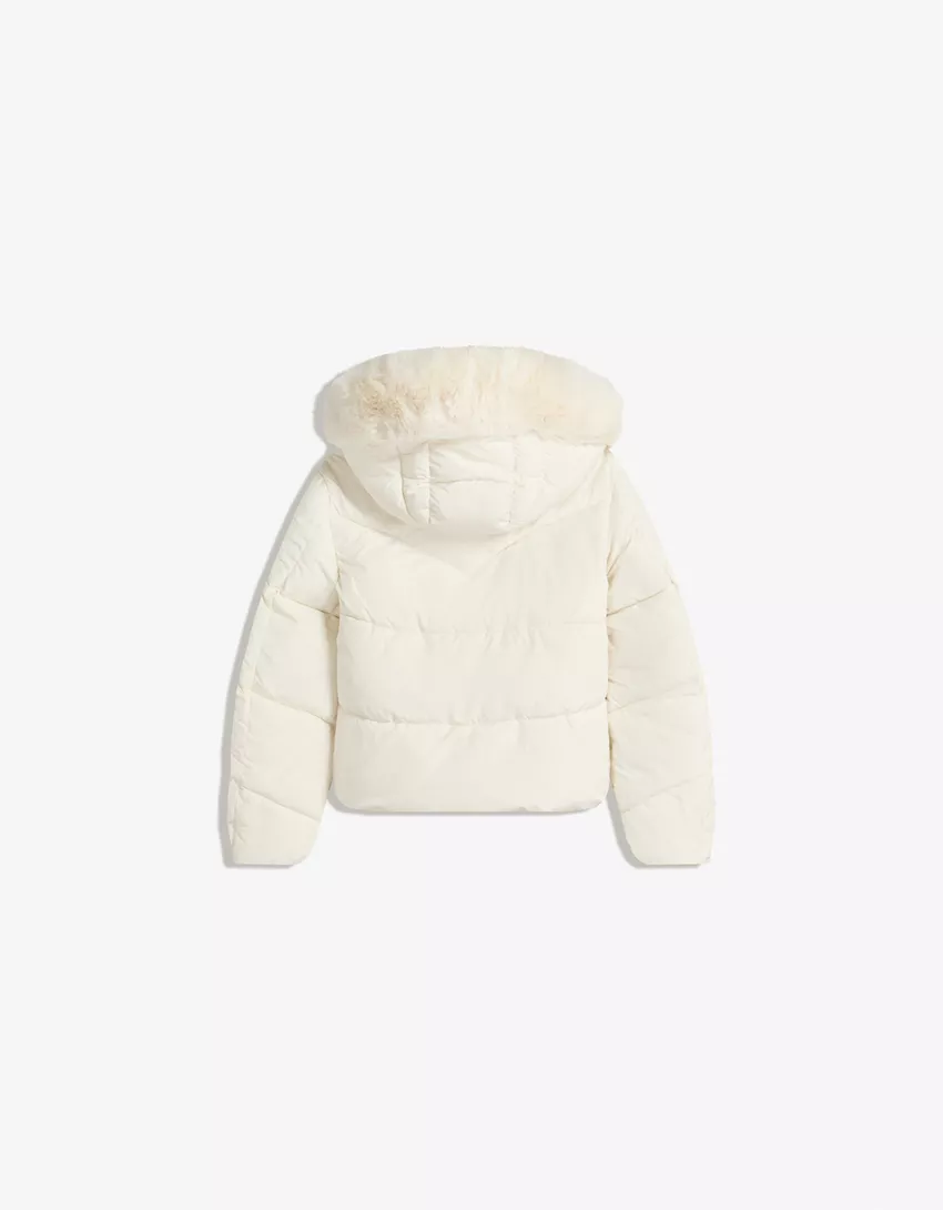 Water-repellent hooded puffer jacket with faux fur
