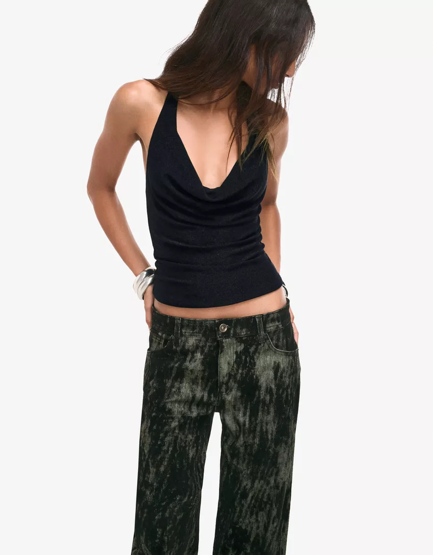 Shimmery draped cowl neck halter top