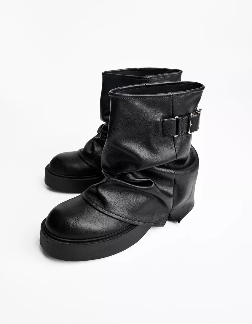 Flat fold over ankle boots with buckle