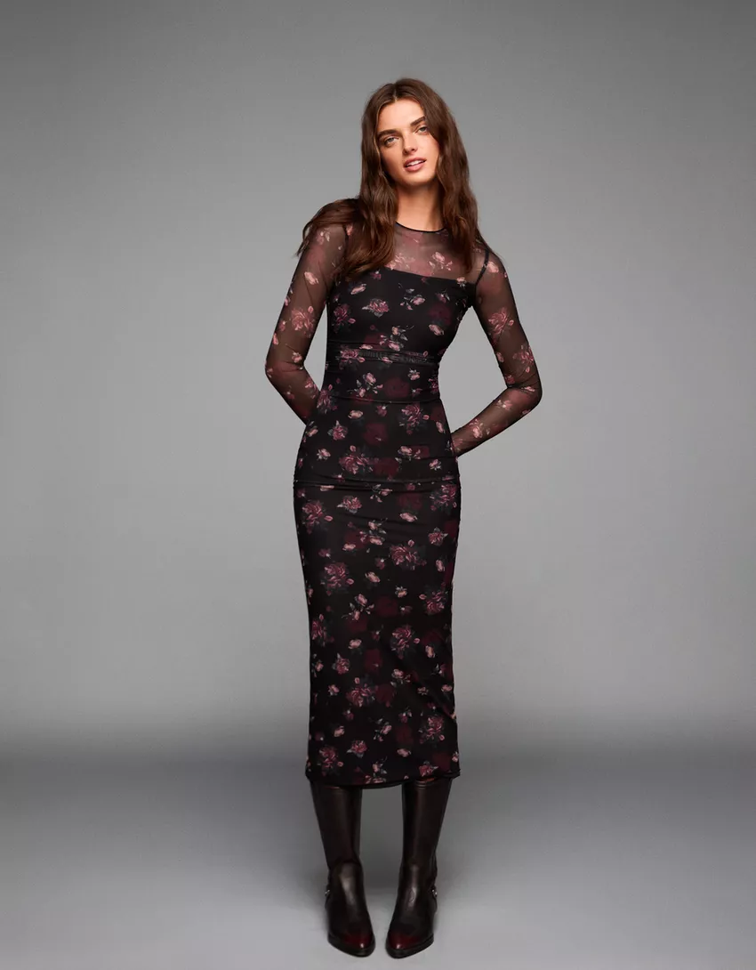 Long sleeve tulle midi dress