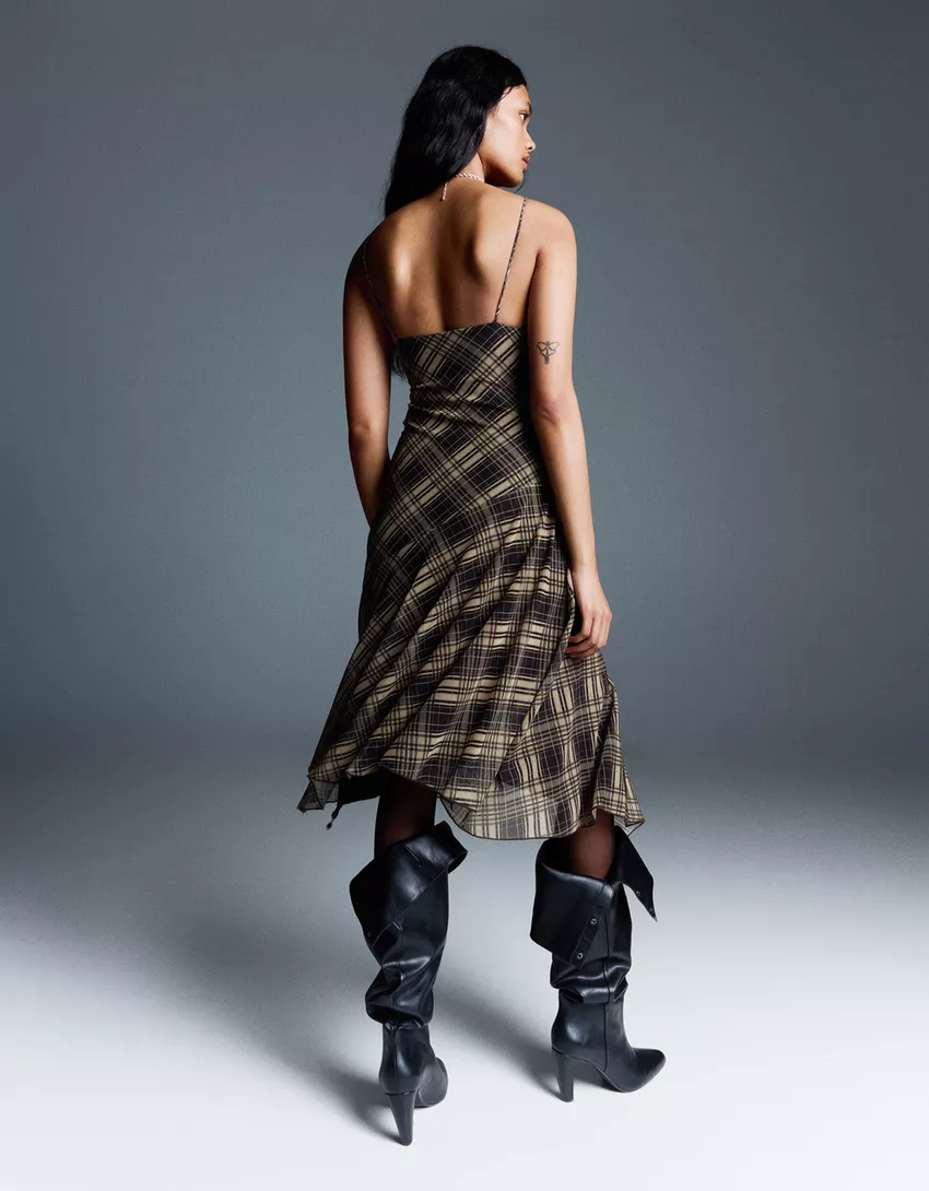 Check strappy tulle midi dress