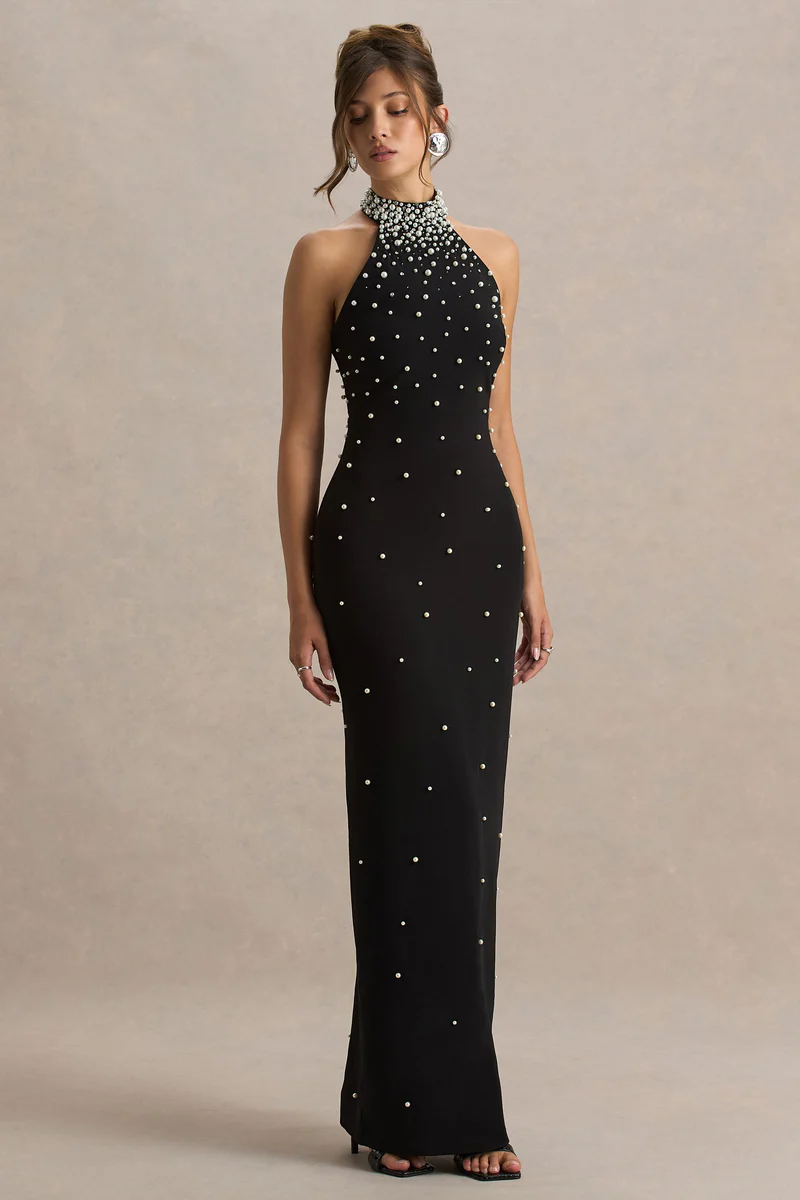 Black Hand-Embellished Halter-Neck Maxi Dress