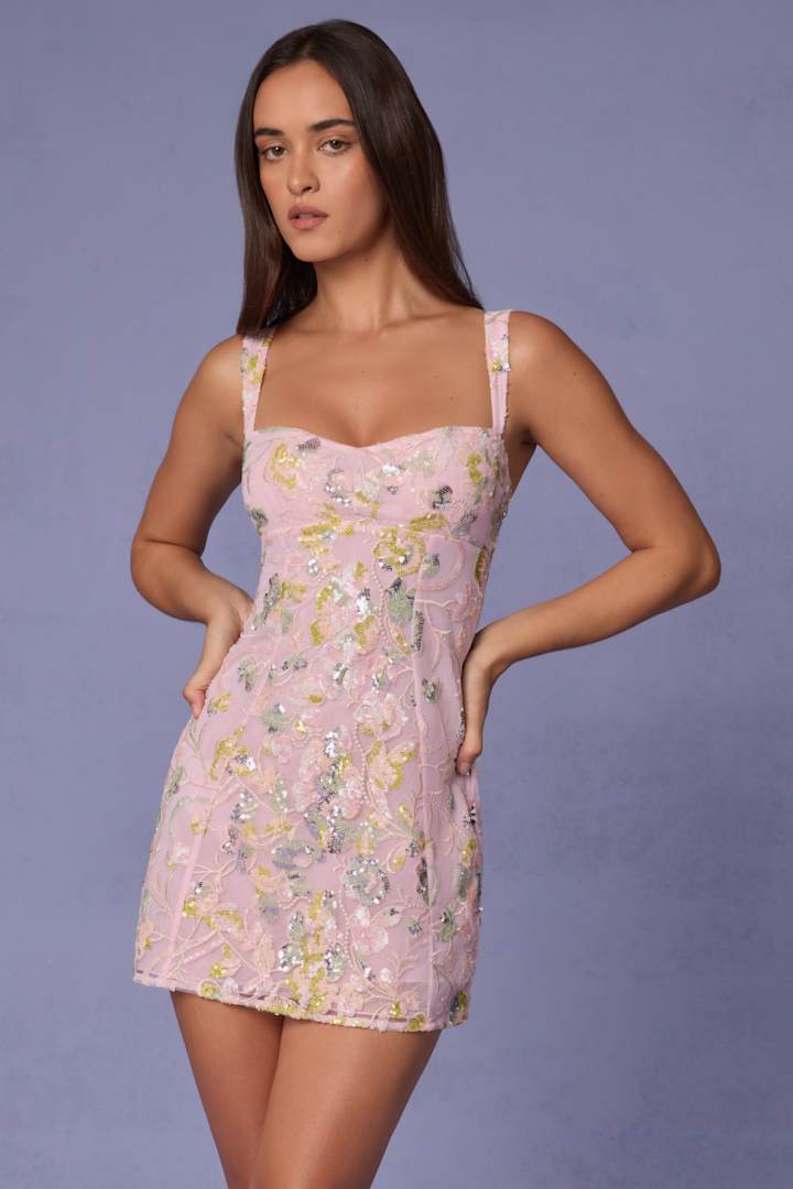 Embellished Bandeau A-line Mini Dress in Ballet Pink