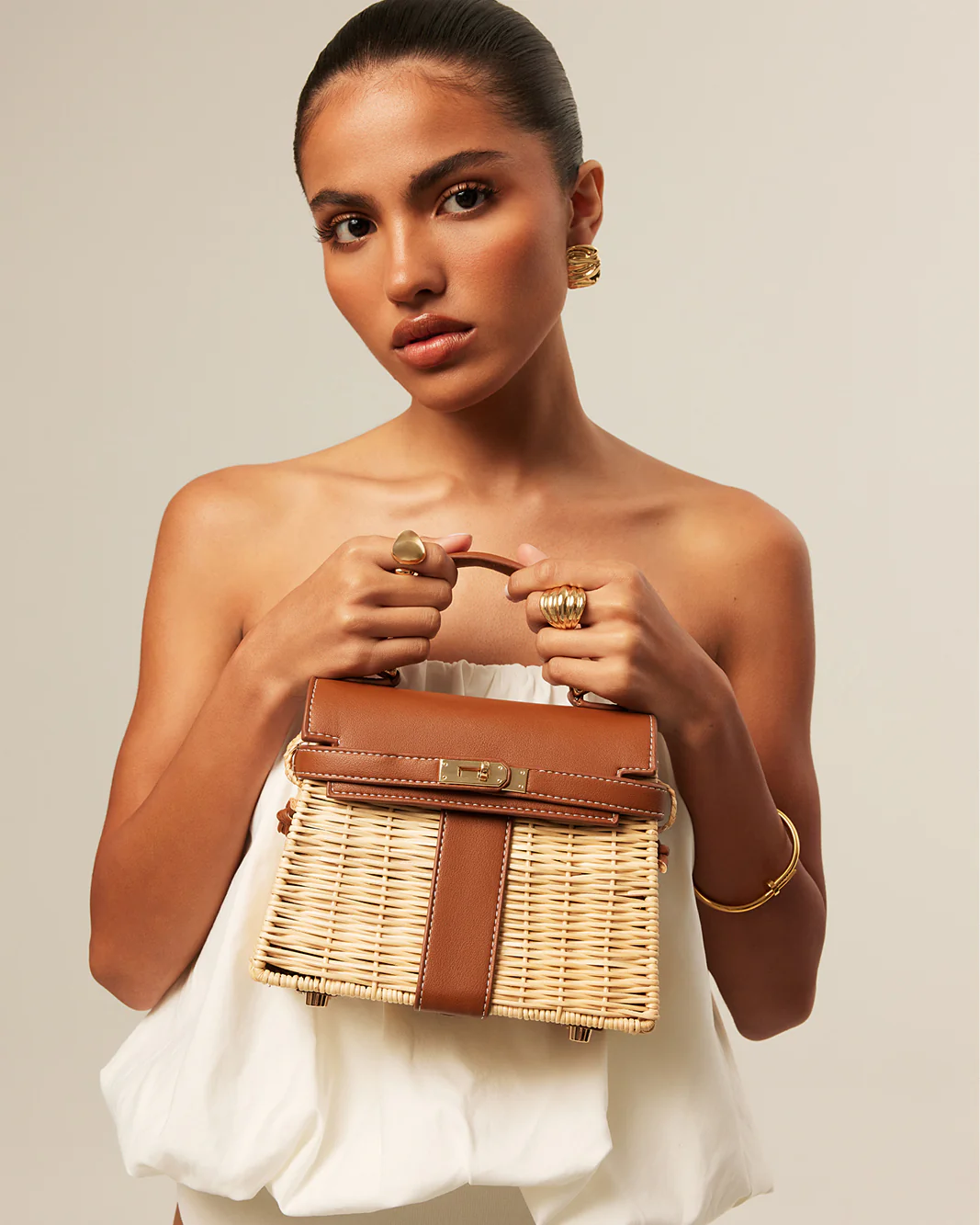 HARIETTE RATTAN HANDLE BAG - RATTAN-TAN