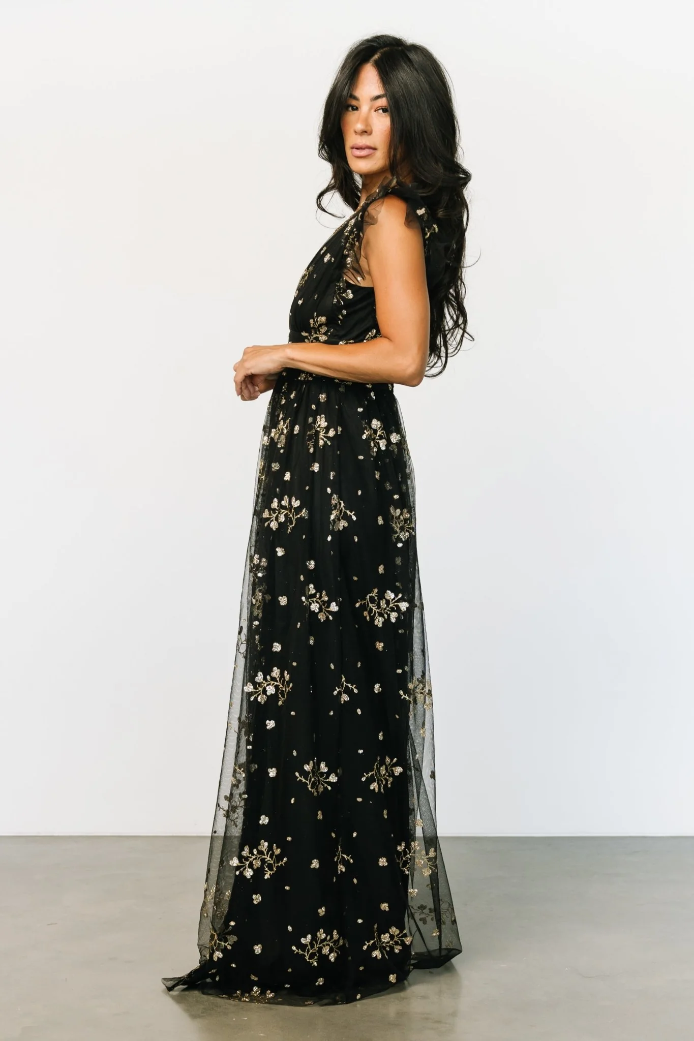 Natalia Floral Embellished Maxi Dress | Black + Gold