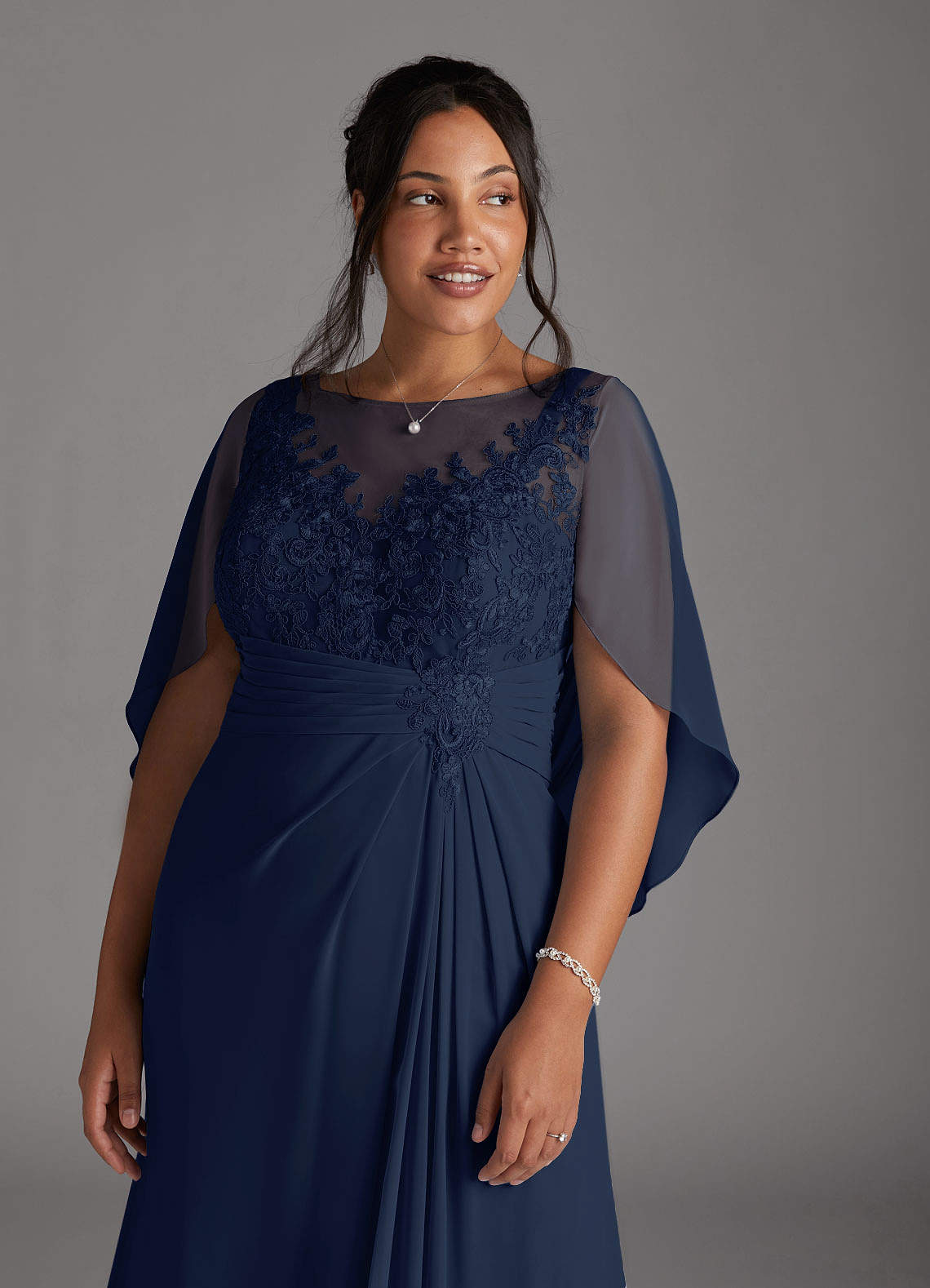 Dark Navy A-Line Lace Capelet Chiffon Dress