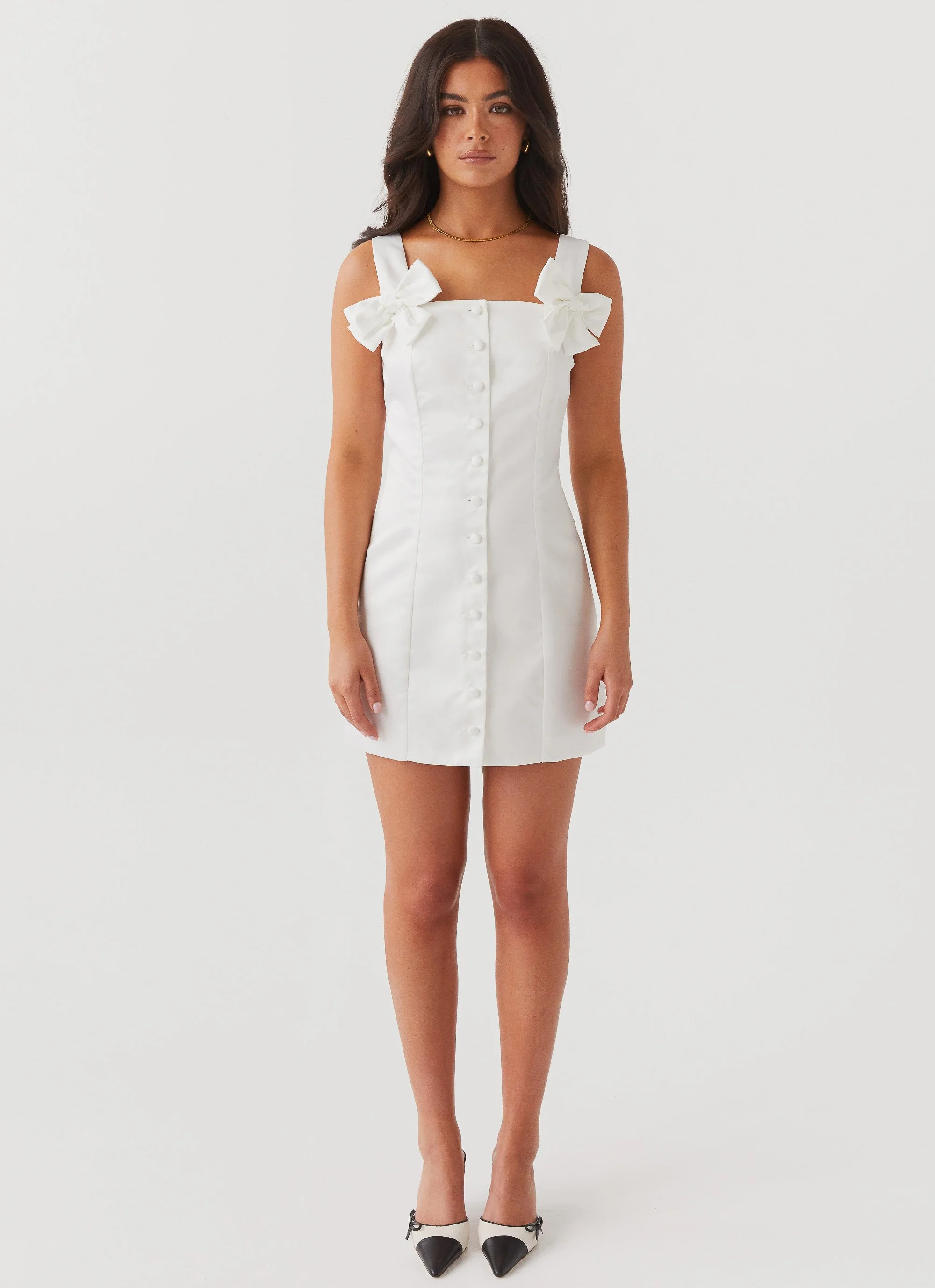 Brielle Bow Satin Mini Dress - White
