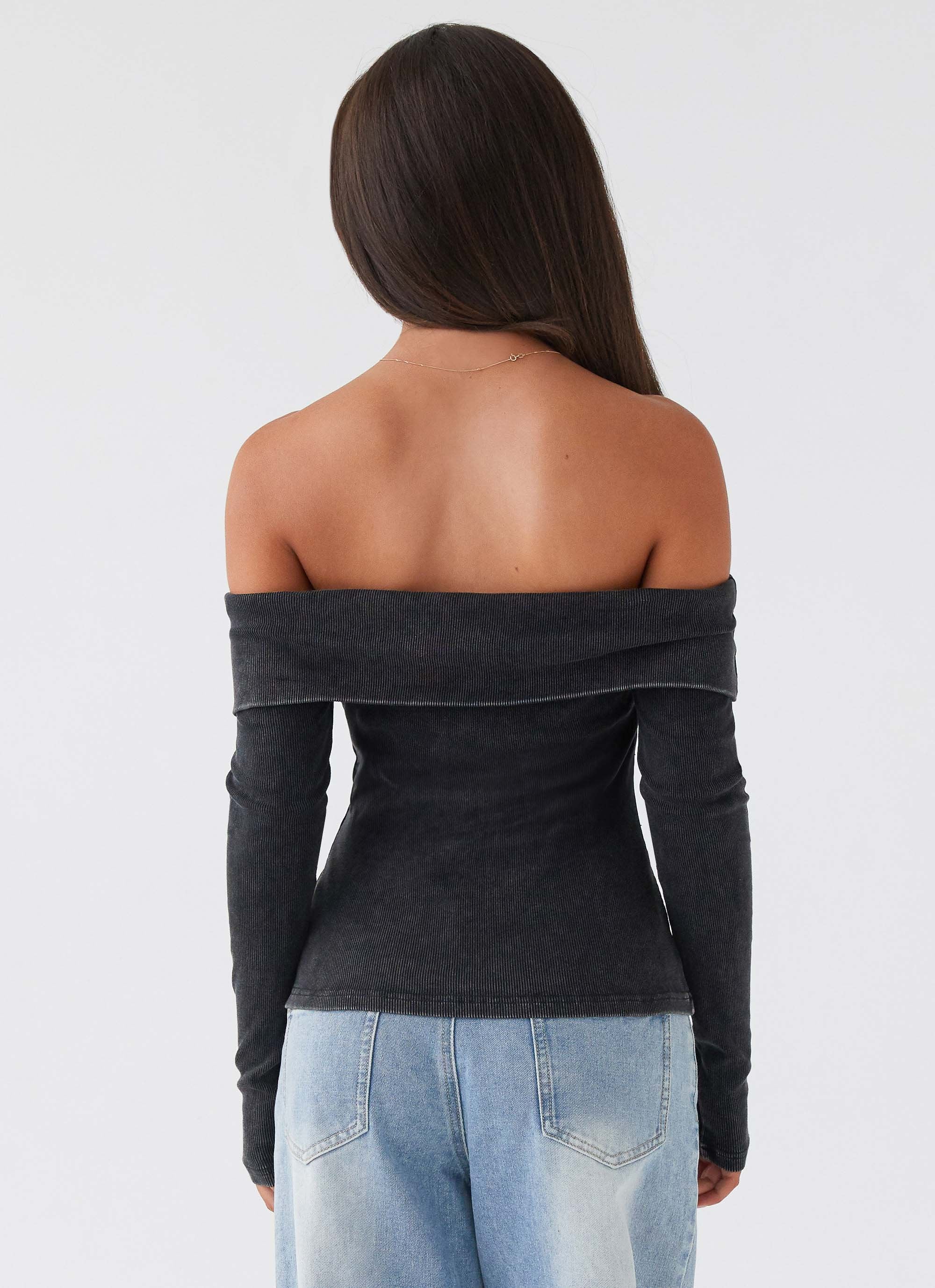 Hayley Long Sleeve Ribbed Top - Charcoal Acid Wash