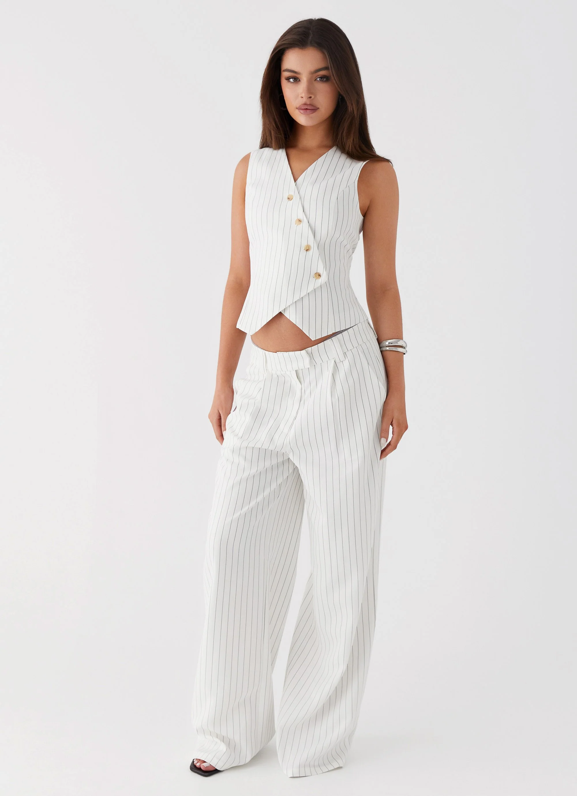 Kayla Vest Top - White Pinstripe