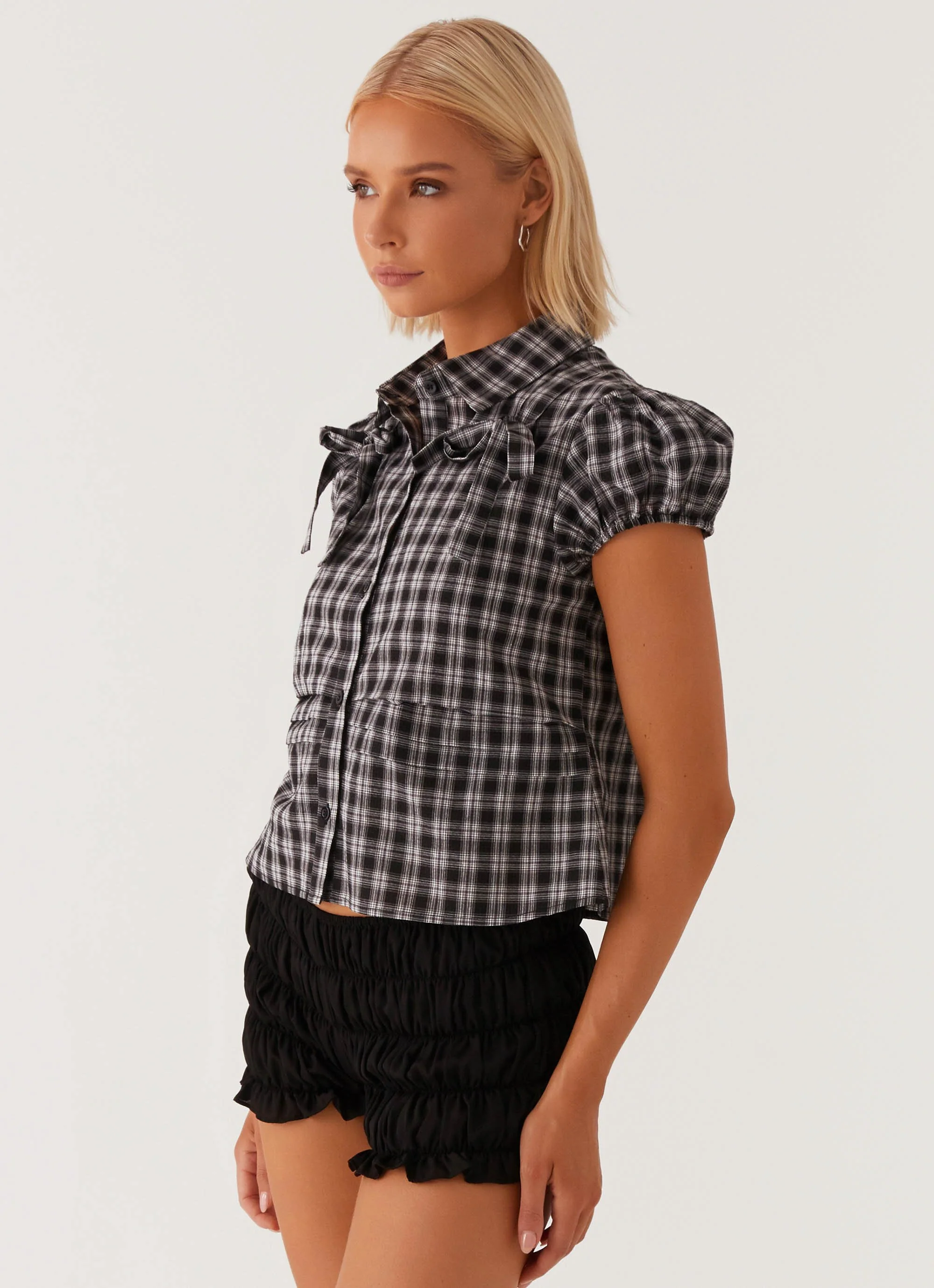 Lorraine Puff Sleeve Top - Black White Check