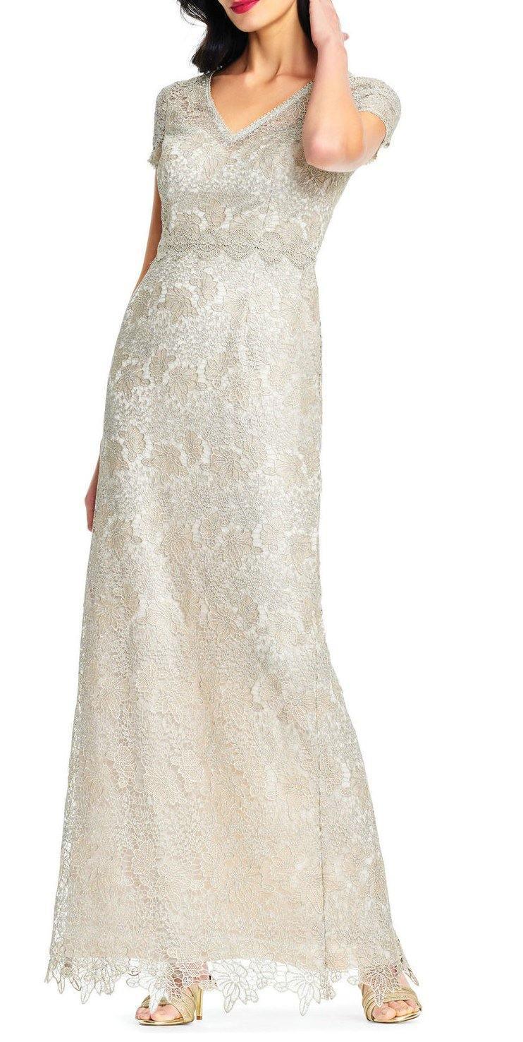 Adrianna Papell AP1E202688 Short Sleeve Slit Back Metallic Lace Dress Sale