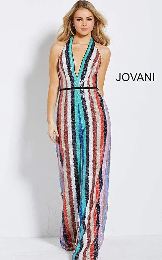 Jovani M61555 Formal Halter Stripe Jumpsuit