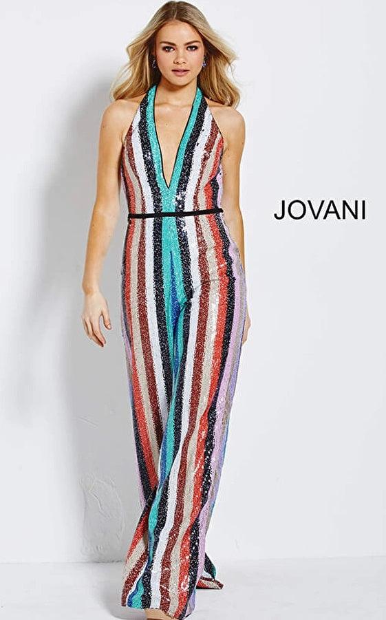 Jovani M61555 Formal Halter Stripe Jumpsuit