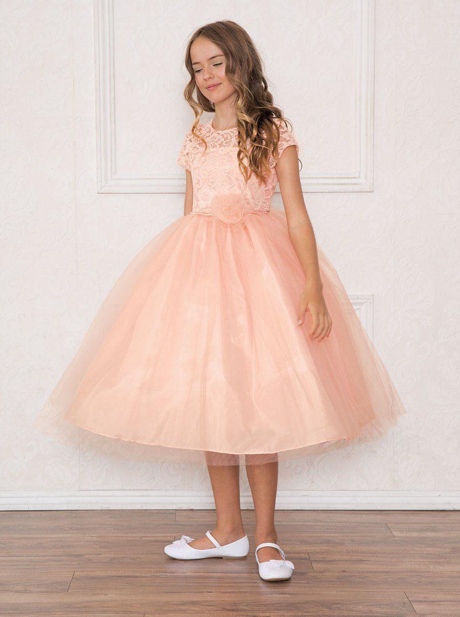 Short Sleeve Lace Bodice Flower Girl Dress