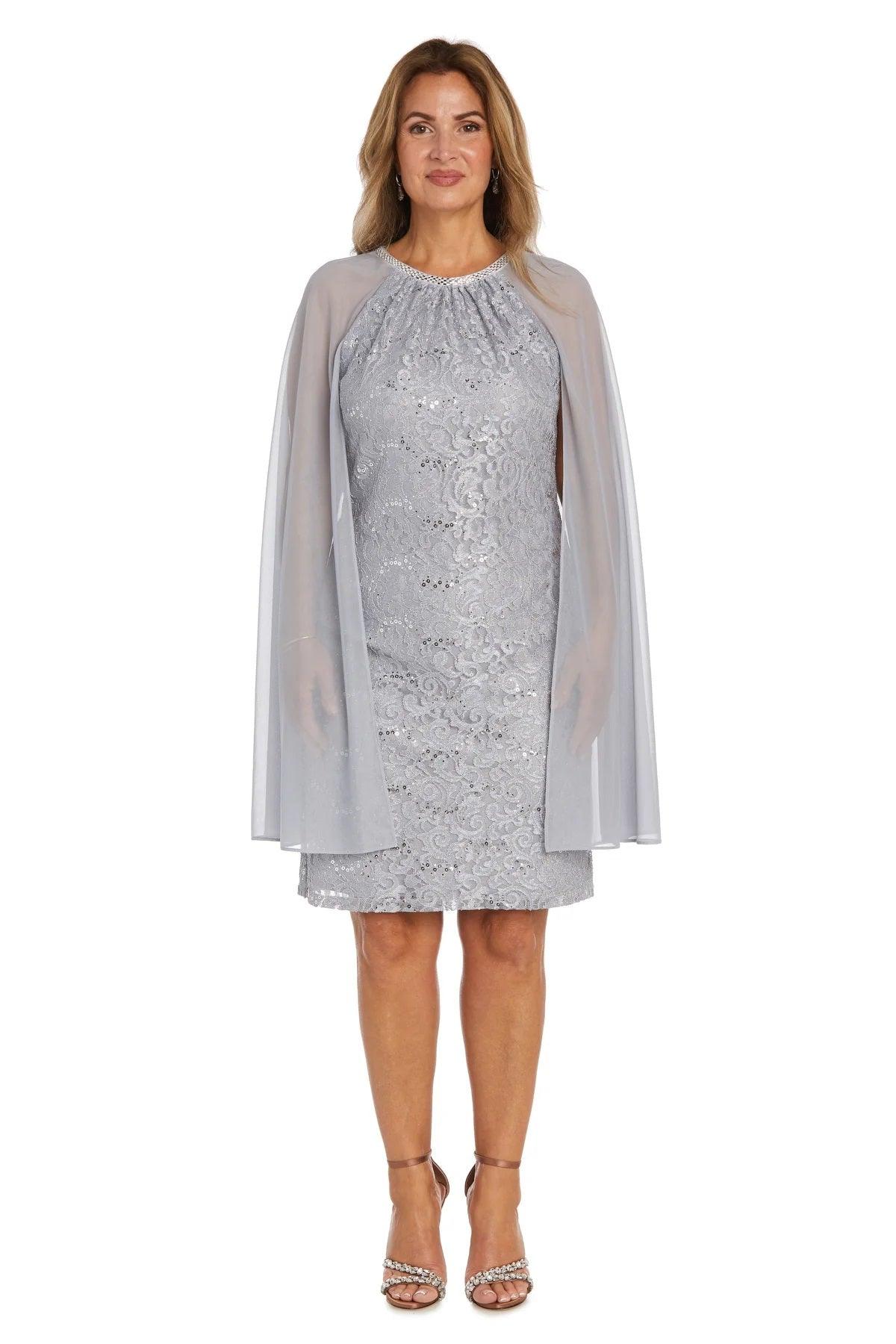 R&M Richards 2808 Short Glitter Lace Cape Cocktail Dress