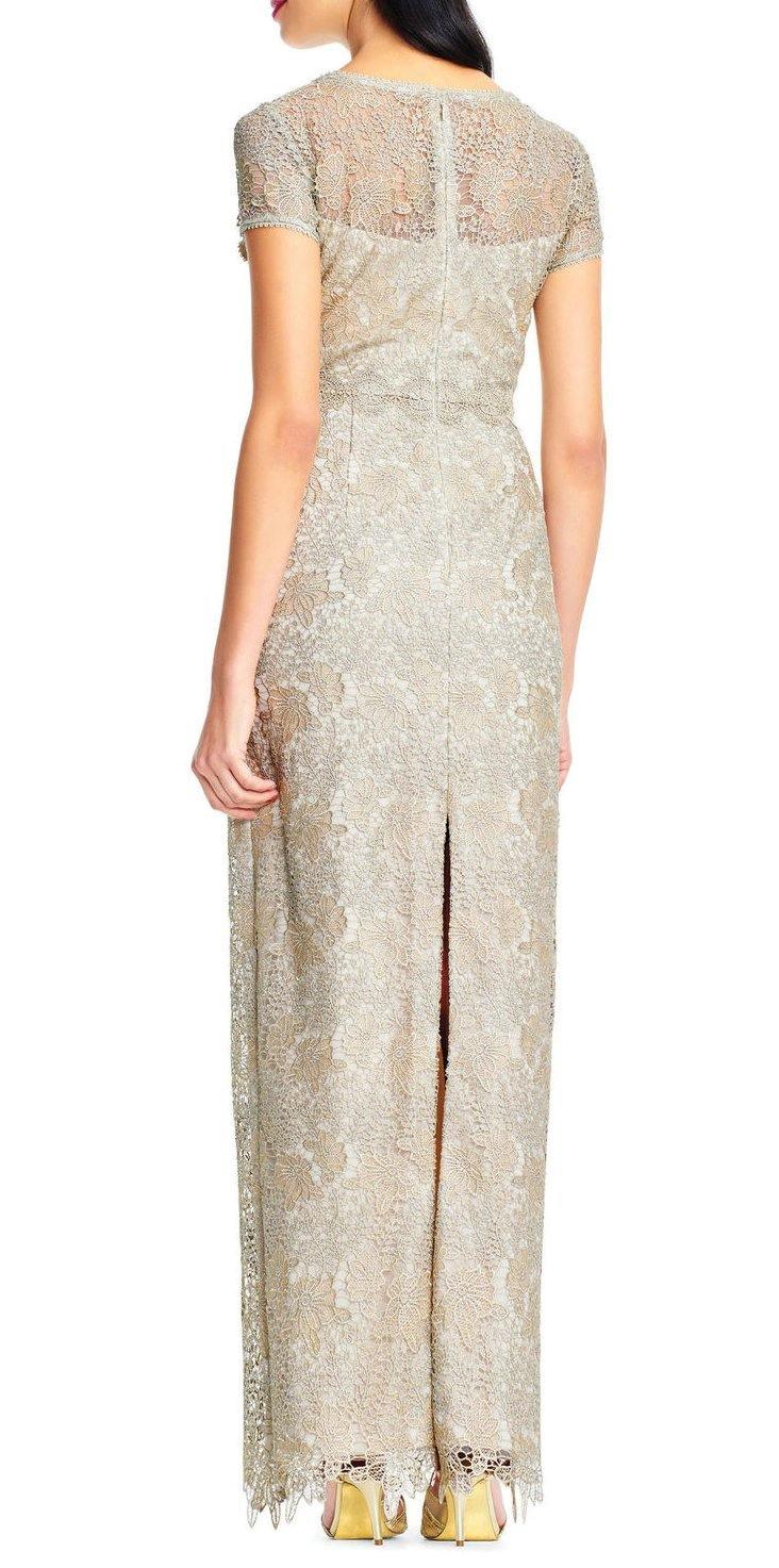 Adrianna Papell AP1E202688 Short Sleeve Slit Back Metallic Lace Dress Sale