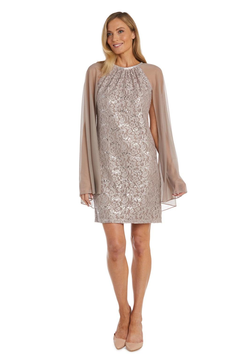 R&M Richards 2808 Short Glitter Lace Cape Cocktail Dress