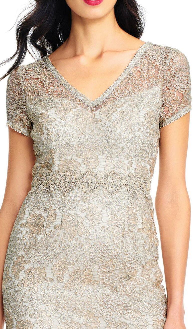 Adrianna Papell AP1E202688 Short Sleeve Slit Back Metallic Lace Dress Sale