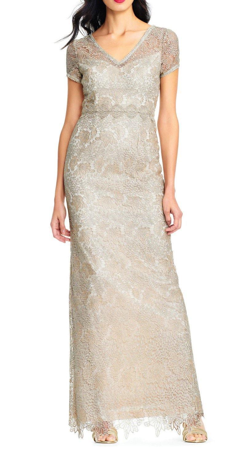 Adrianna Papell AP1E202688 Short Sleeve Slit Back Metallic Lace Dress Sale