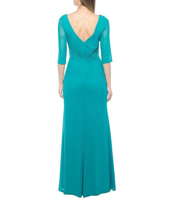 Marina Long Formal 3/4 Sleeve Pleated Chiffon Gown