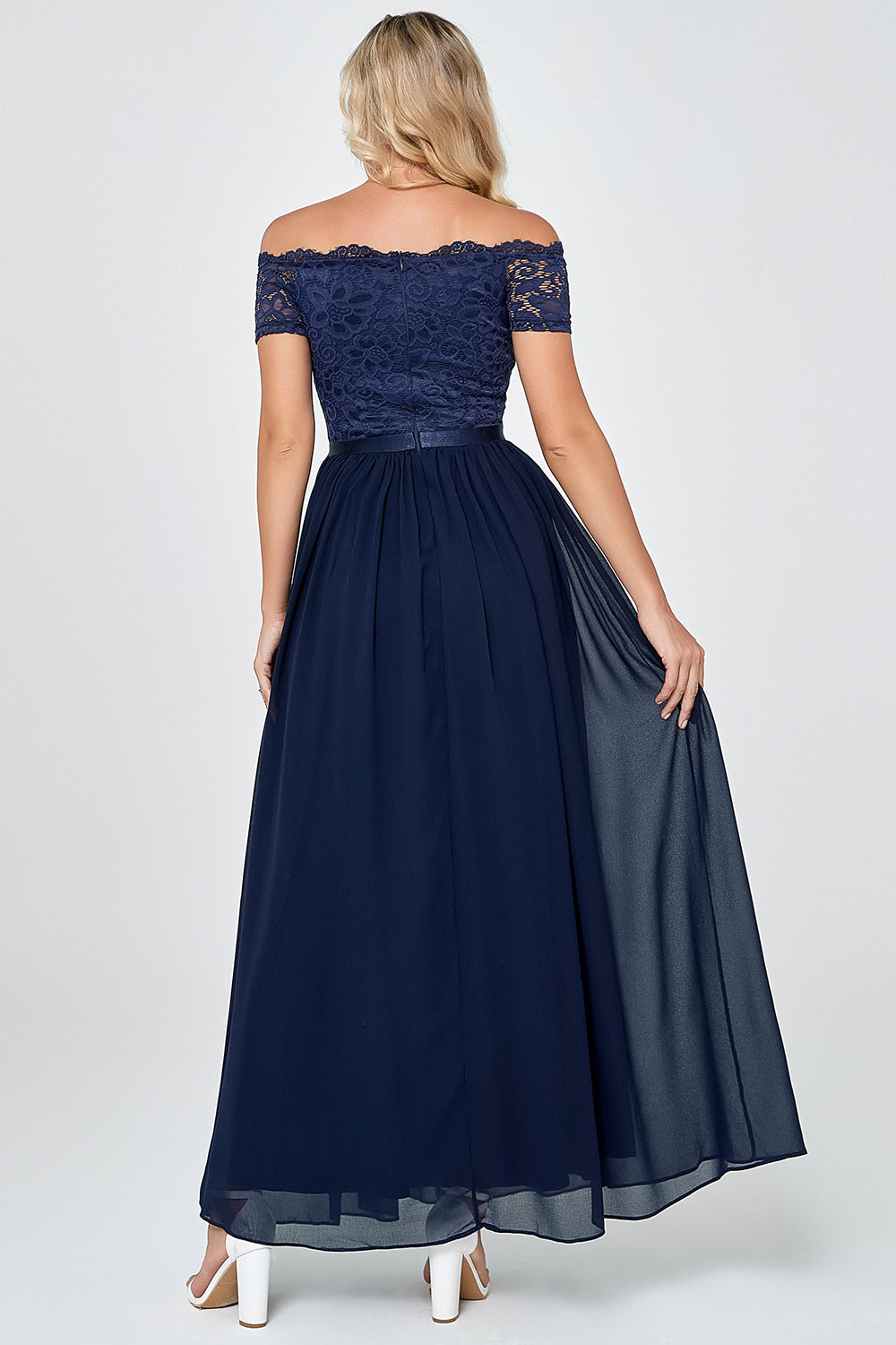 Navy Off the Shoulder Long Chiffon Bridesmaid Formal Dress with Lace