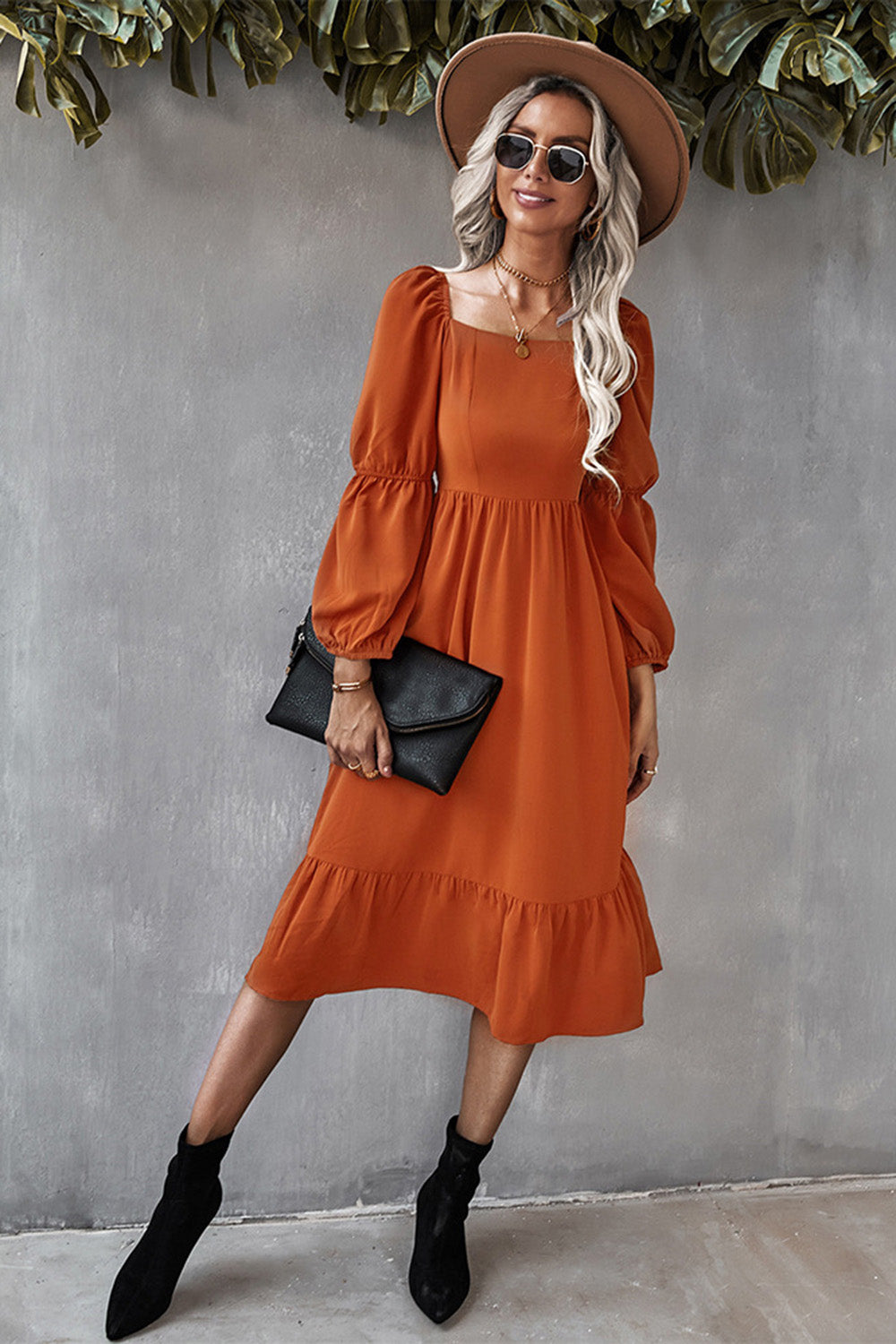Orange Long Sleeves Square Neck Midi Casual Dress