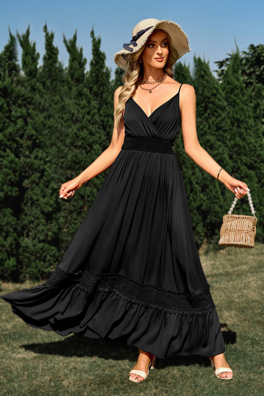 Black Spaghetti Straps Long Summer Dress With Lace