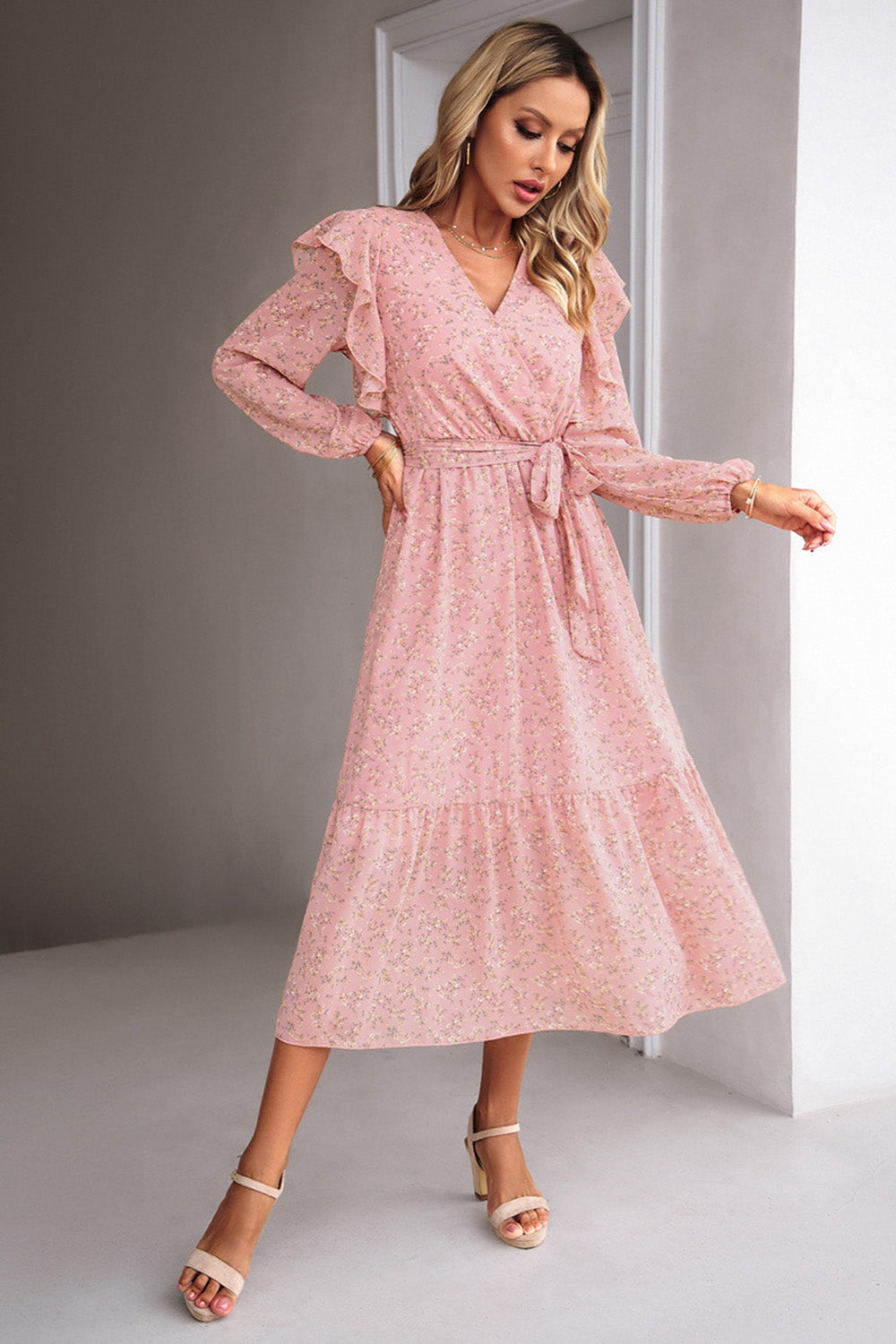 Floral Printed V-neck Summer Dress with Long Sleeves