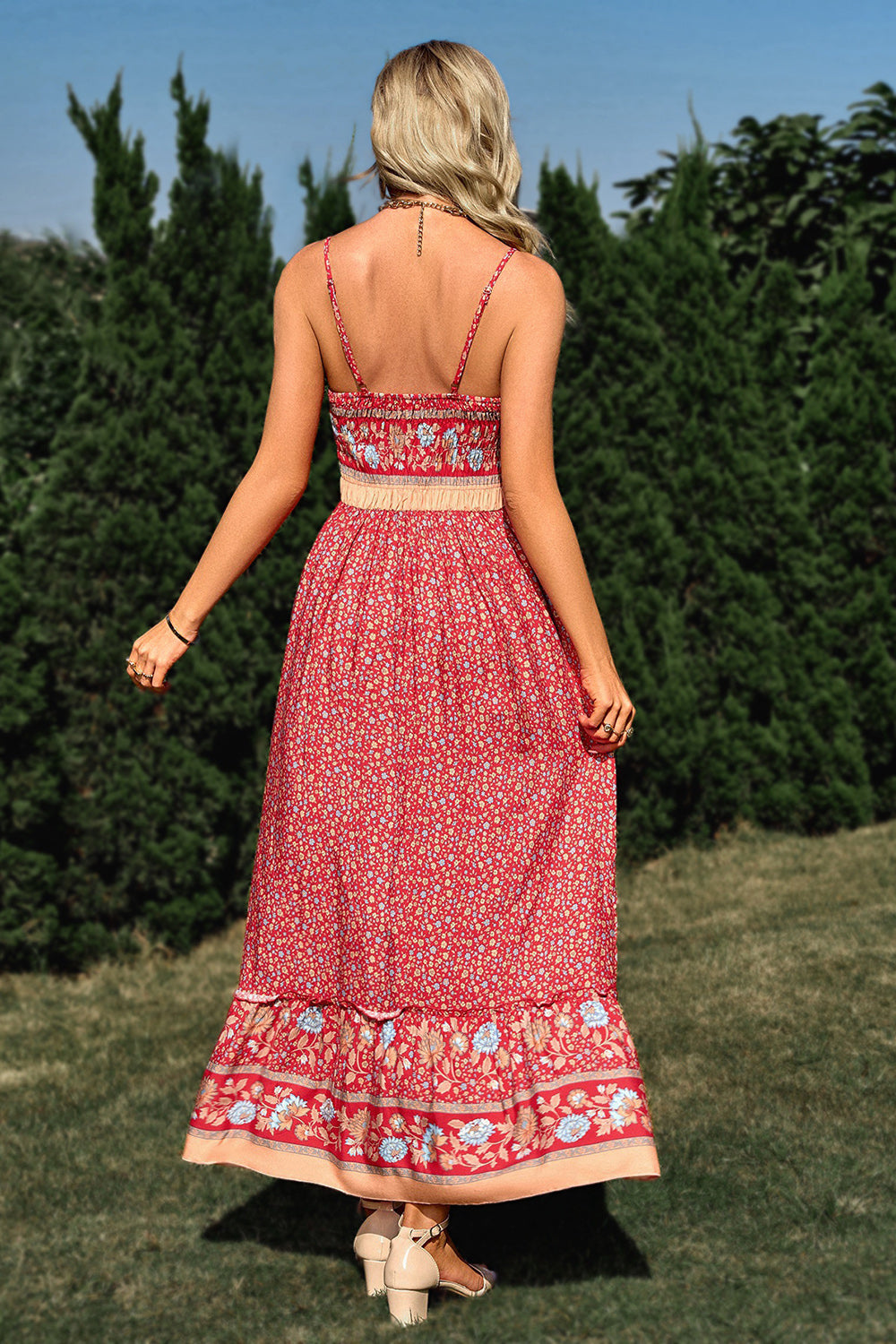 Red Printed Spaghetti Straps Boho Long Summer Dress